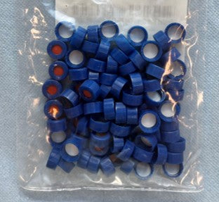 White PTFE/Red Silicone Septa, 9mm Blue Short Screw PP Cap, 6mm Centre Hole